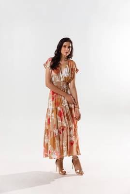 Beige cotton silk printed luciq dress 2