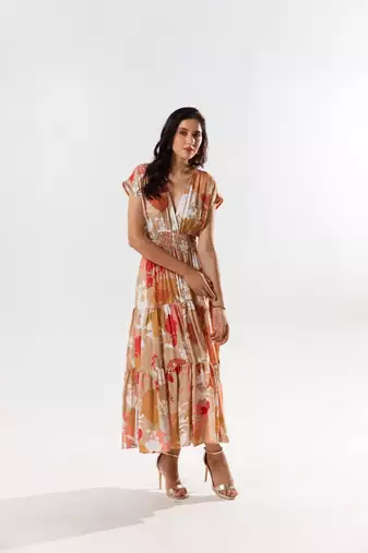 Beige cotton silk printed luciq dress