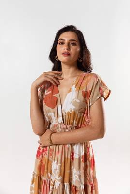 Beige cotton silk printed luciq dress 4