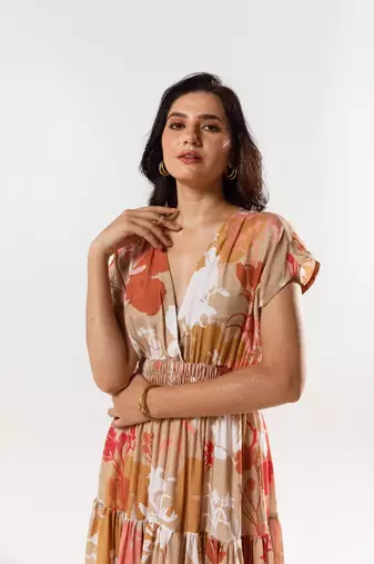 Beige cotton silk printed luciq dress