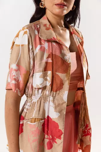 Peach cotton silk printed vienna set