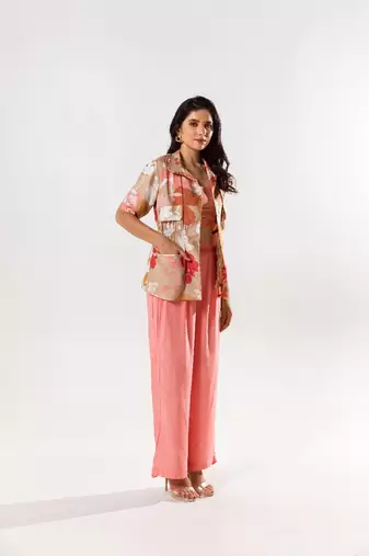 Peach cotton silk printed vienna set