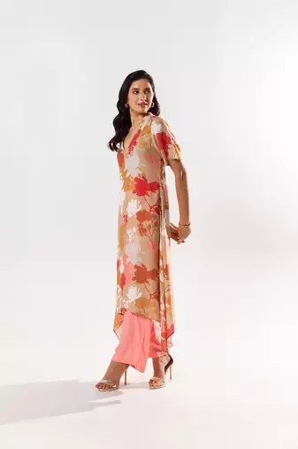Peach cotton silk printed miley set
