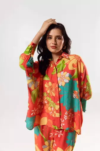 Red cotton silk printed lyra set