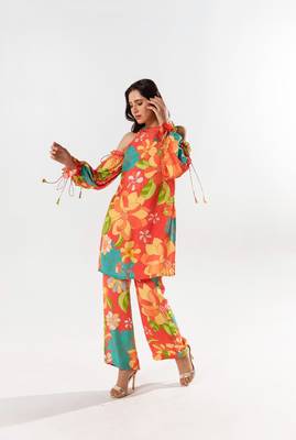 Red cotton silk printed kimi set 1