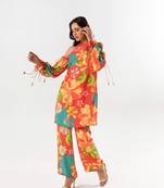 Red cotton silk printed kimi set