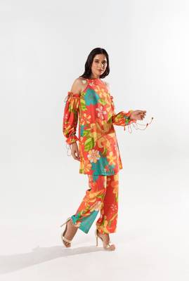 Red cotton silk printed kimi set 2