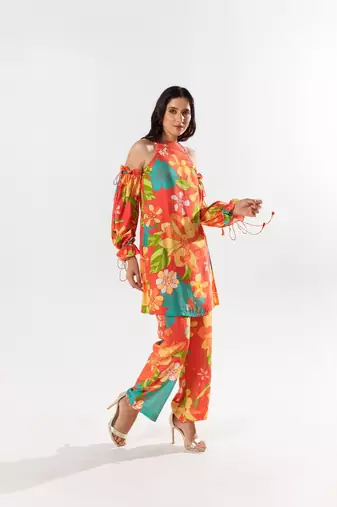 Red cotton silk printed kimi set