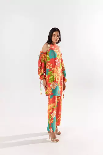 Red cotton silk printed kimi set
