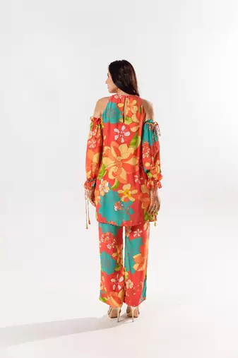 Red cotton silk printed kimi set