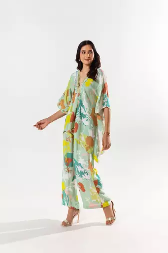 Green cotton silk printed luna set