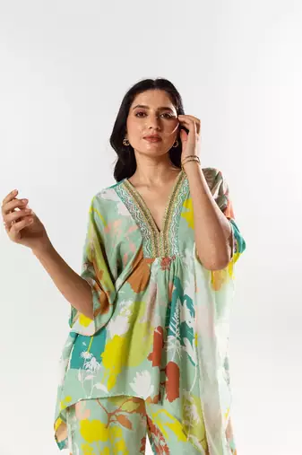 Green cotton silk printed luna set