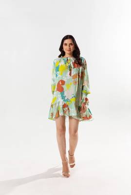 Green cotton silk printed etsu dress 1