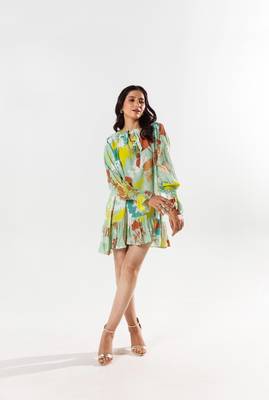 Green cotton silk printed etsu dress 2