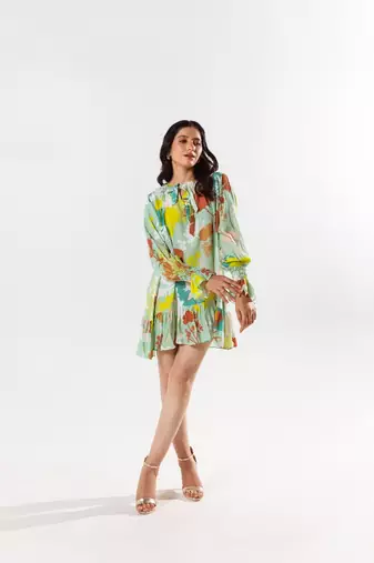 Green cotton silk printed etsu dress