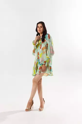 Green cotton silk printed etsu dress