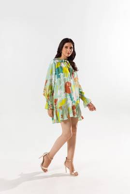 Green cotton silk printed etsu dress 4
