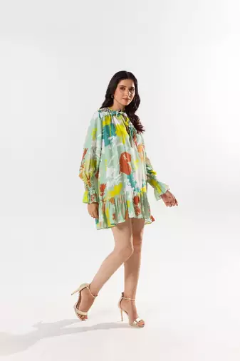 Green cotton silk printed etsu dress