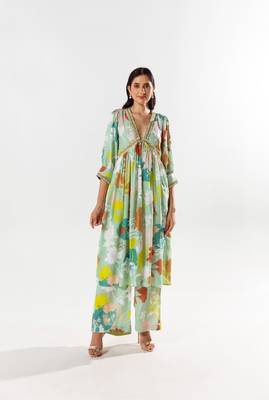 Green cotton silk printed elise set 1