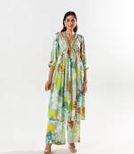 Green cotton silk printed elise set