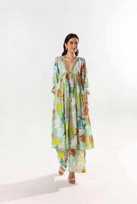Green cotton silk printed elise set 2