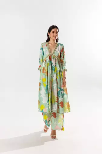 Green cotton silk printed elise set