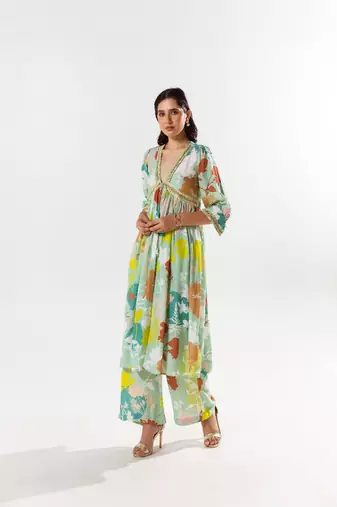 Green cotton silk printed elise set