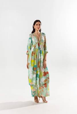 Green cotton silk printed elise set 4