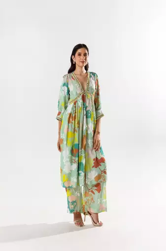 Green cotton silk printed elise set