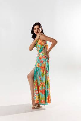 Blue cotton silk printed yurika set 1