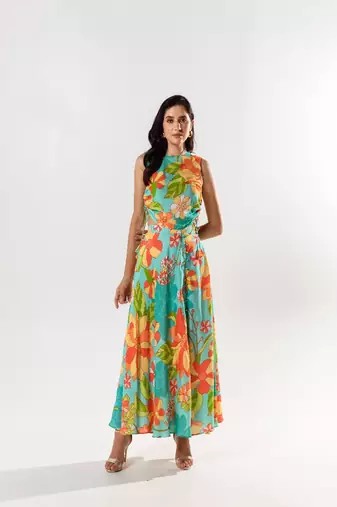 Blue cotton silk printed yurika set