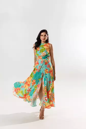 Blue cotton silk printed yurika set