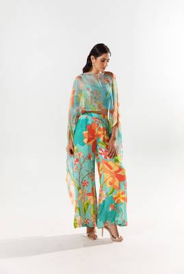 Blue chiffon printed cynthia co-ord set with cape 1