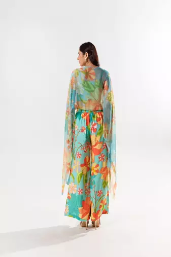 Blue chiffon printed cynthia co-ord set with cape