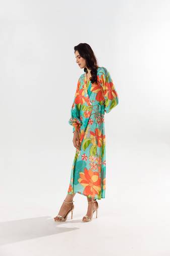 Blue cotton silk printed yami wrap dress