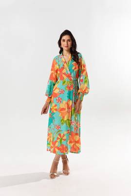 Blue cotton silk printed yami wrap dress 2
