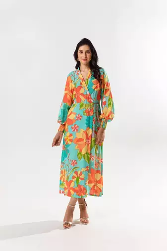 Blue cotton silk printed yami wrap dress