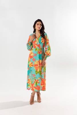 Blue cotton silk printed yami wrap dress 3