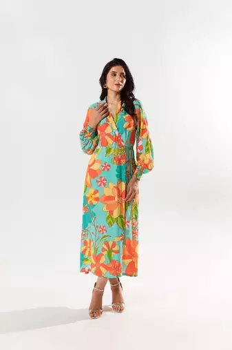 Blue cotton silk printed yami wrap dress