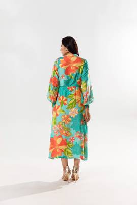 Blue cotton silk printed yami wrap dress 4
