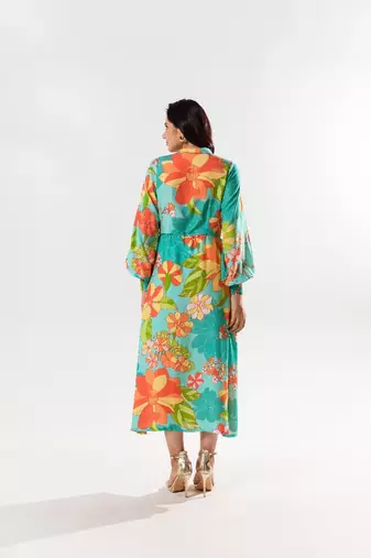 Blue cotton silk printed yami wrap dress