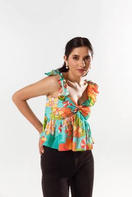 Blue cotton silk printed adeline top 1