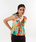 Blue cotton silk printed adeline top