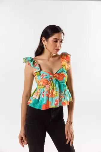 Blue cotton silk printed adeline top