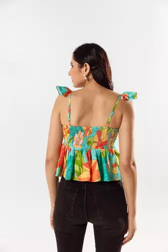 Blue cotton silk printed adeline top