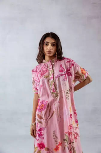 Pink chiffon printed fio set