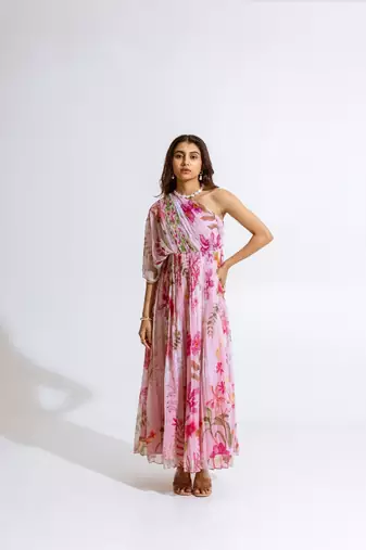 Pink chiffon printed yuki dress