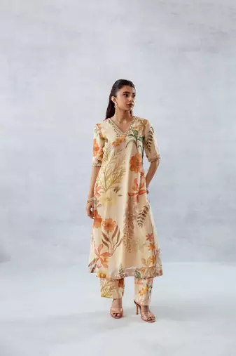 Beige chiffon printed marigold set