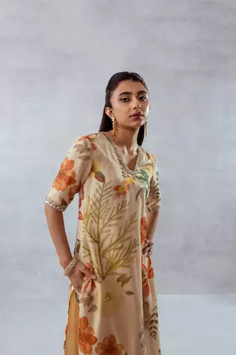 Beige chiffon printed marigold set