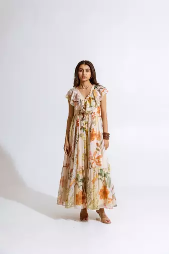 Beige chiffon printed melia dress